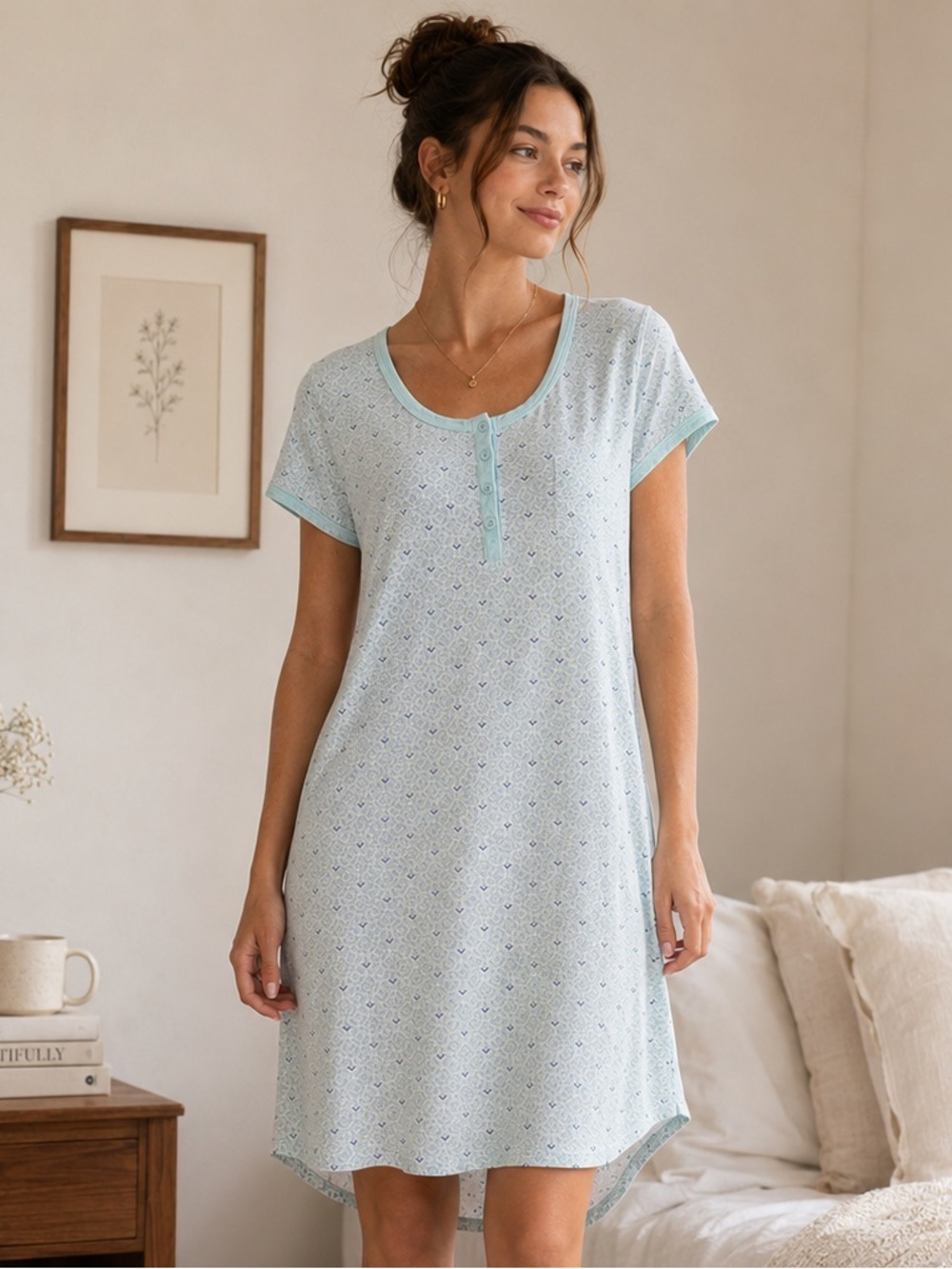 Jane and Bleecker Seafoam Geometric Print Sleep Dress Nightgown Cottagecore Sz L